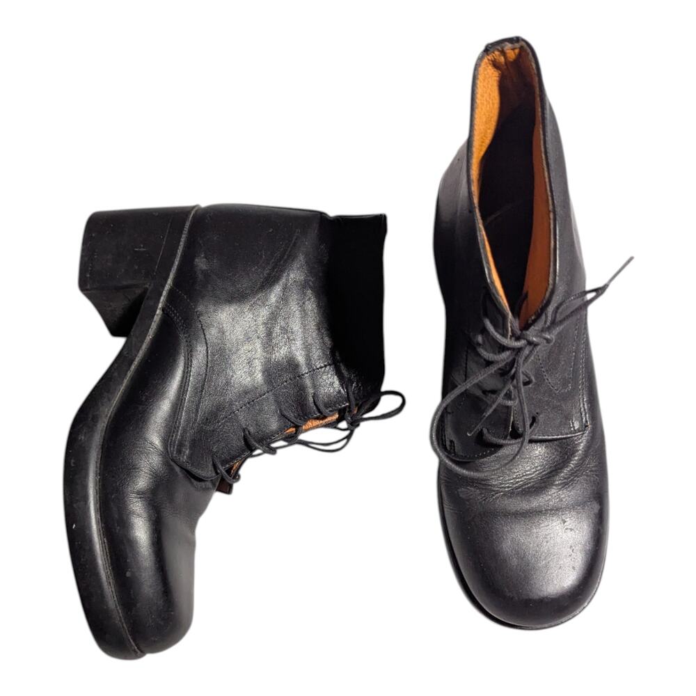 Vtg 1990s Black Leather Lace Up Granny Block Heel Cottage Ankle Boots 37 38 7.5